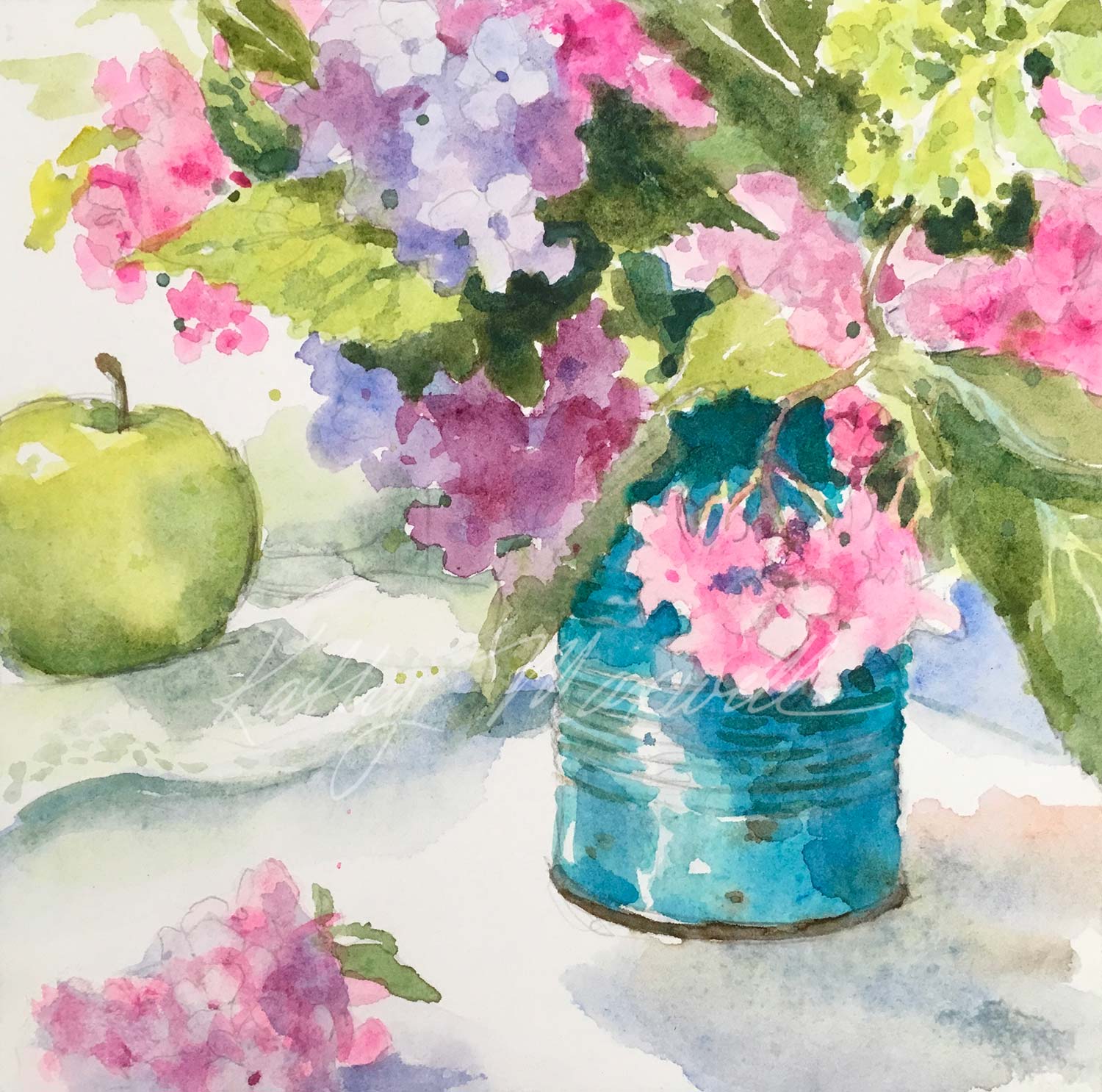 Hydrangeas in a Blue Can